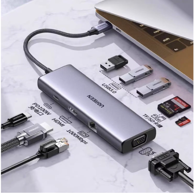 Mini Station d'accueil USB-C Ugreen  9en1 Avec Power Delivery 15600 Port Hdmi 4K + Port Vga + 3 Ports Usb + Port Rj45 + Lecteur de cartes SD/TF + Port Usb C